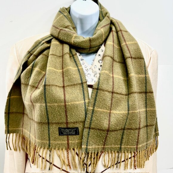 Vintage-Burberrys of London Men/Women   100% Cashmere Olive Checked  68"x12" (5 - Picture 1 of 10